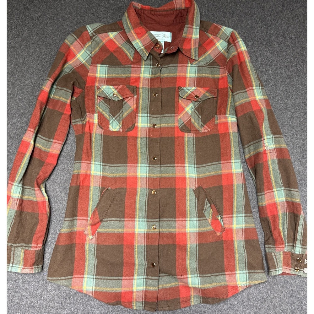 Tasha Polizzi Top Women Medium Brown Western Pearl Snap Shirt Plaid Heritage
